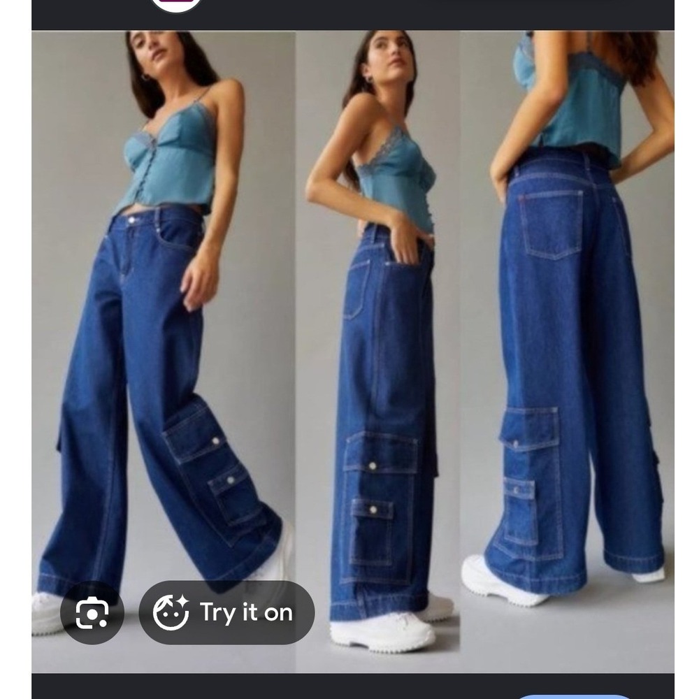 NWT BDG Urban Outfitters Presley Wide Leg Cargo Blue Baggy Denim Jeans Sz 31